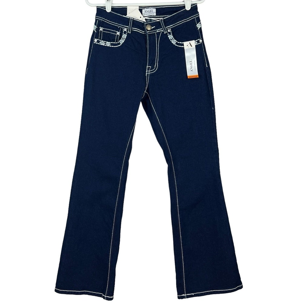 Angel Womens Stretch Jeans Sz 7/26 Navy Blue Embellished/Rhinestone Boot Cut NWT